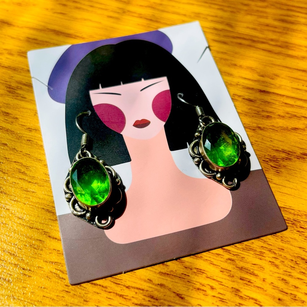 Faceted Green Earrings on silver designed backing